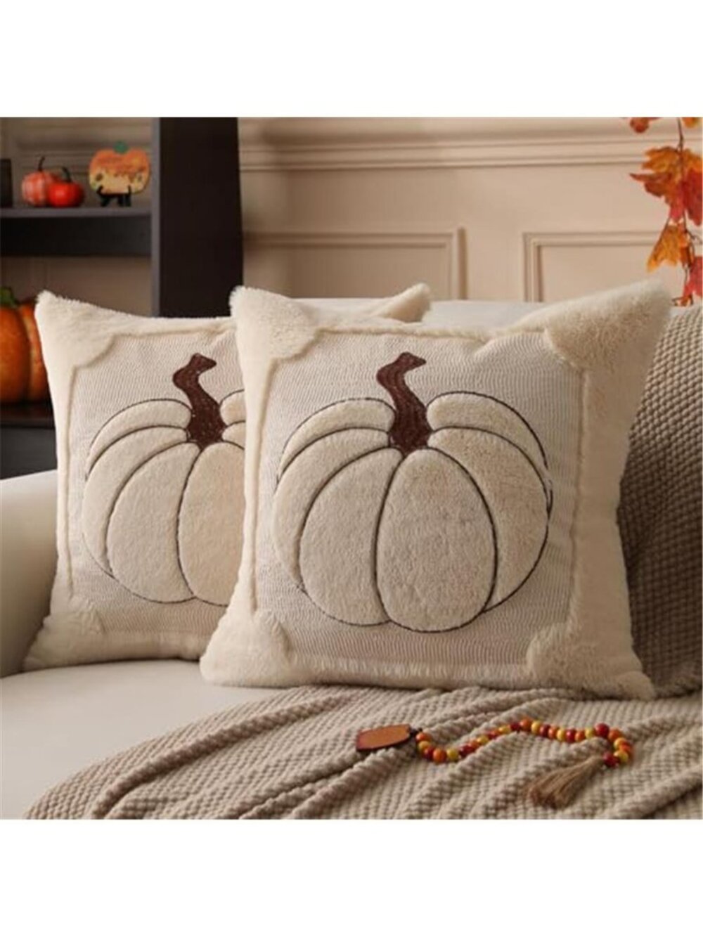 Fall Pillow Covers 18x18 2 Pack Beige Pumpkin Home Decor